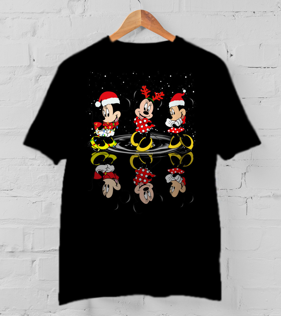 Minnie Mickey Christmas Reflections In Santa Hats And Holiday Outfits T-Shirt