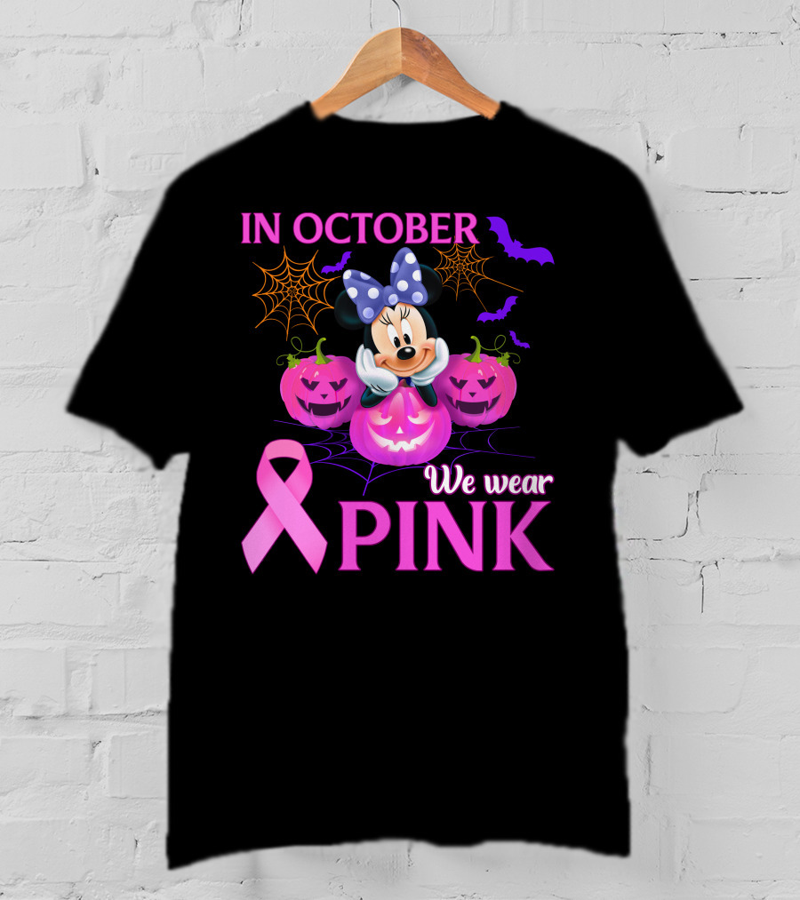 In October We Wear Pink Minnie Bow Pumpkins Ribbon Bats Halloween T-Shirt