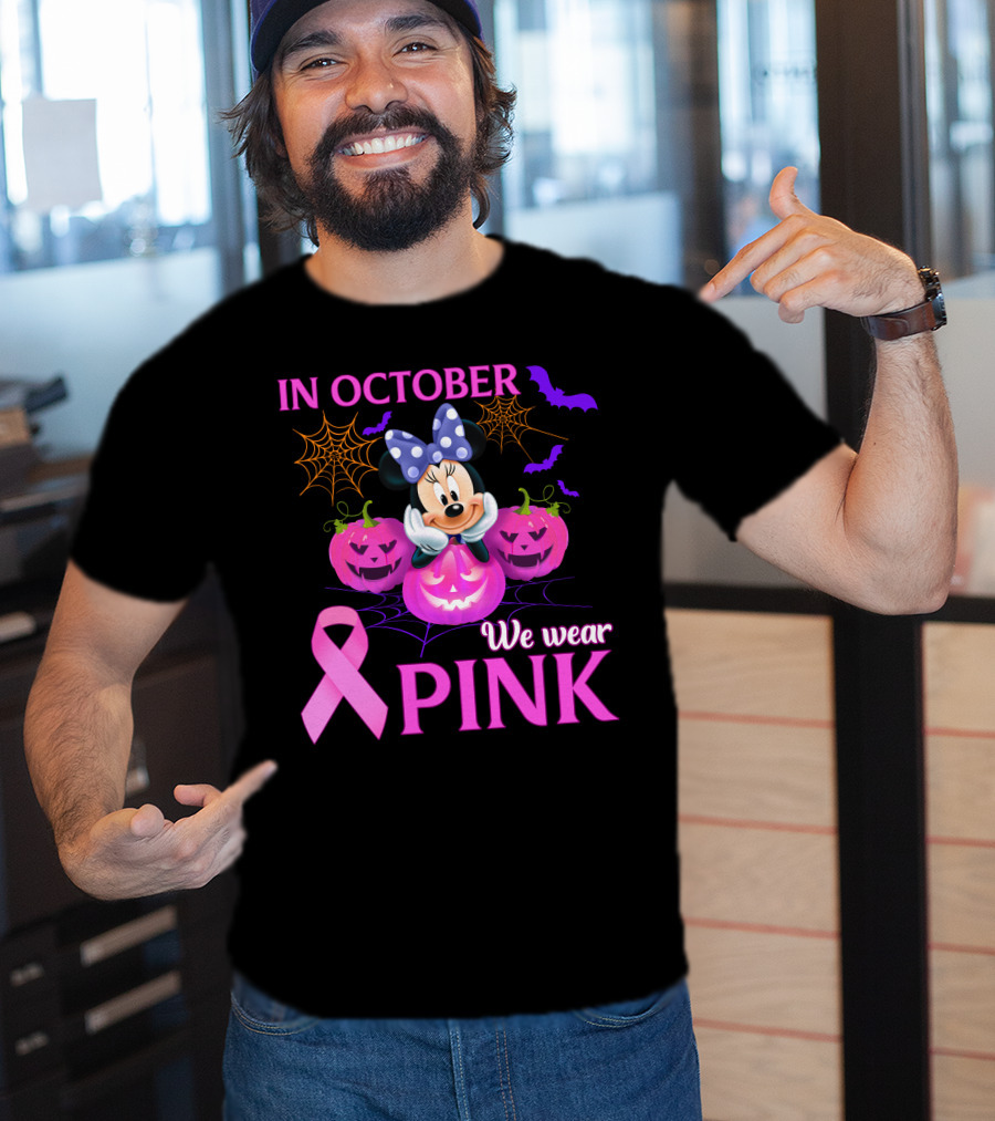 In October We Wear Pink Minnie Bow Pumpkins Ribbon Bats Halloween T-Shirt