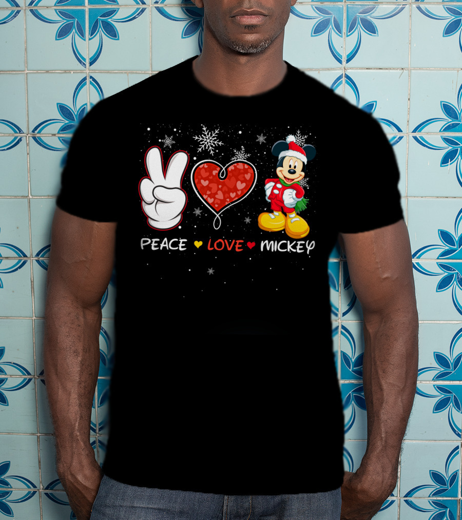 Peace Love Mickey Christmas Holiday Snowflakes Santa Hat T-Shirt