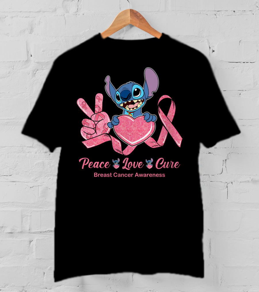 Peace Love Cure Breast Cancer Awareness Stitch T-Shirt