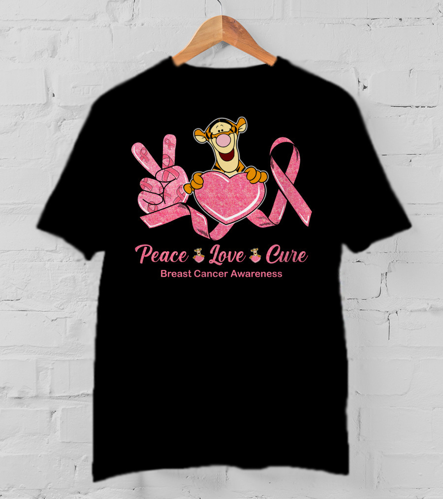 Tigger Holding Heart With Peace Love Cure Breast Cancer Awareness Pink Ribbon T-Shirt