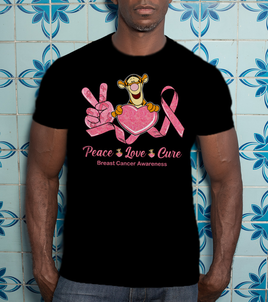 Tigger Holding Heart With Peace Love Cure Breast Cancer Awareness Pink Ribbon T-Shirt