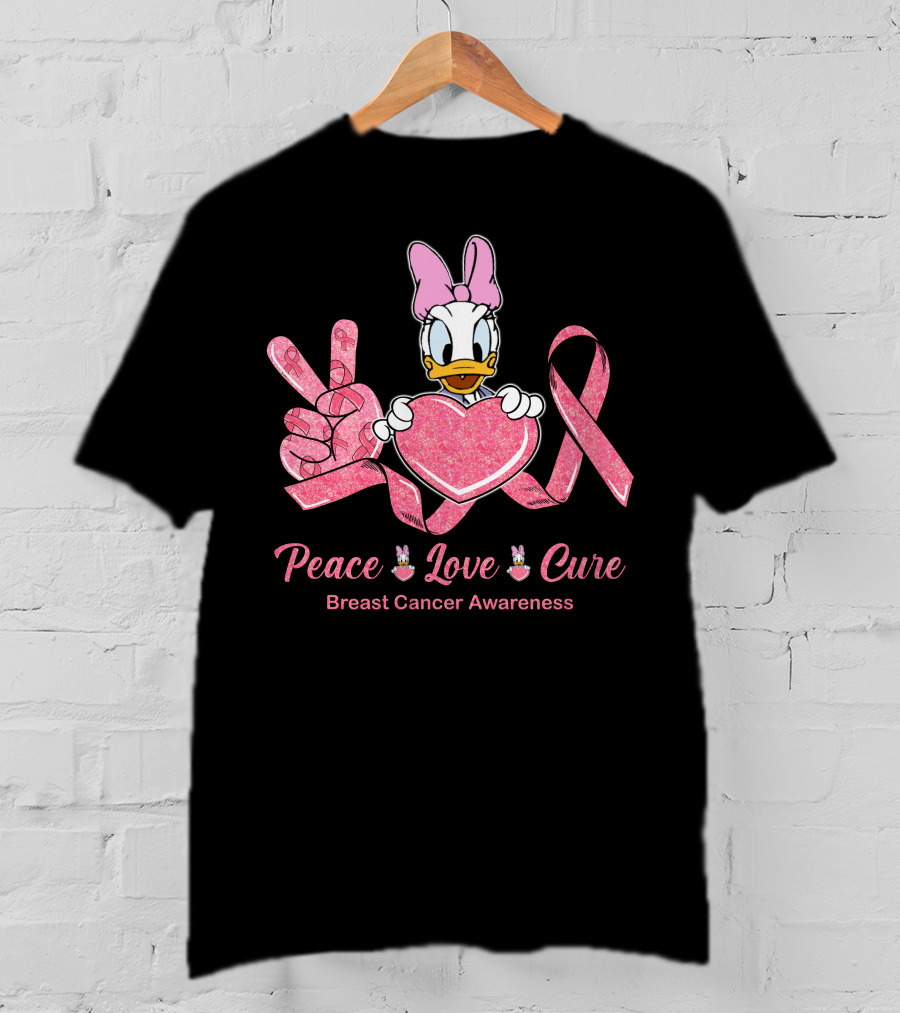 Peace Love Cure Breast Cancer Awareness Daisy Duck Pink Ribbon T-Shirt