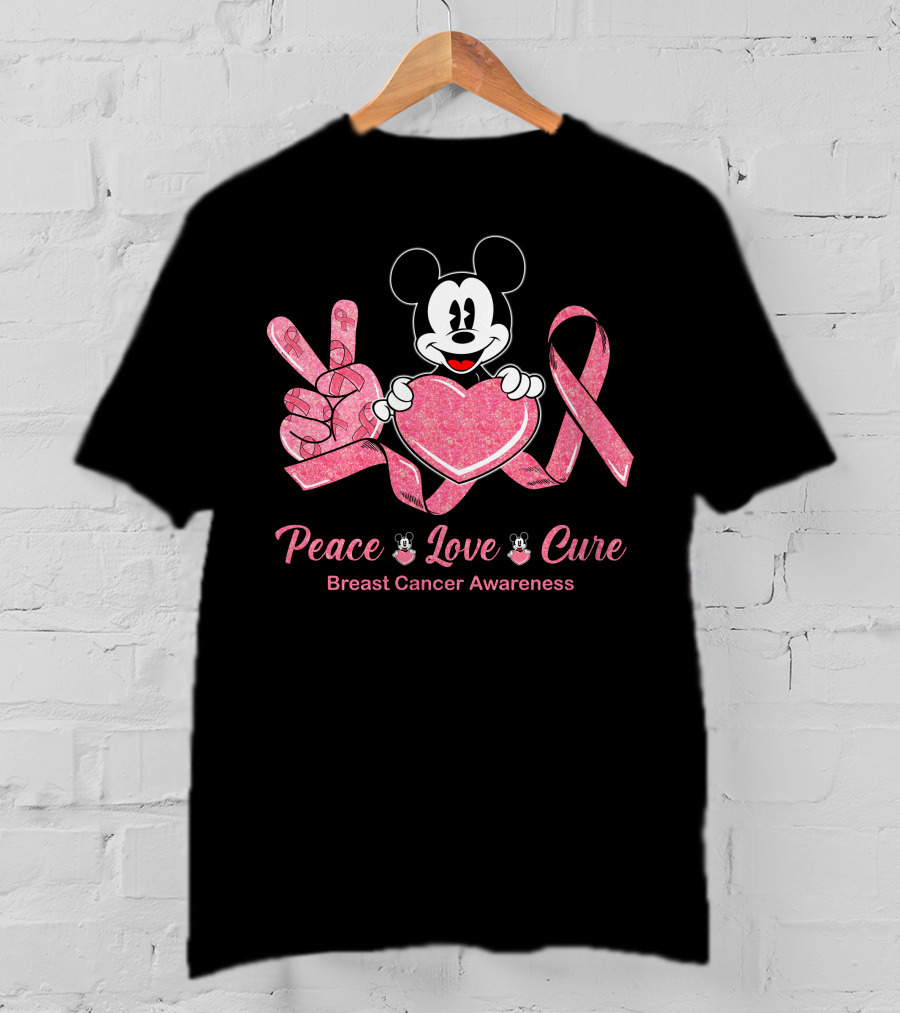 Mickey Peace Love Cure Breast Cancer Awareness T-Shirt