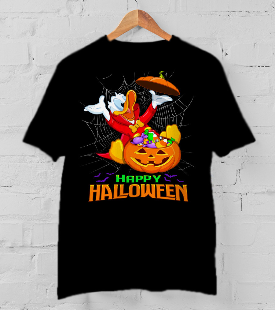 Happy Halloween Donald Duck In Pumpkin Suit With Candy And Spiderweb T-Shirt