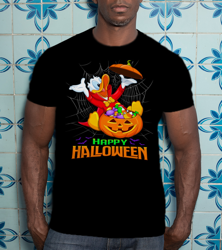 Happy Halloween Donald Duck In Pumpkin Suit With Candy And Spiderweb T-Shirt