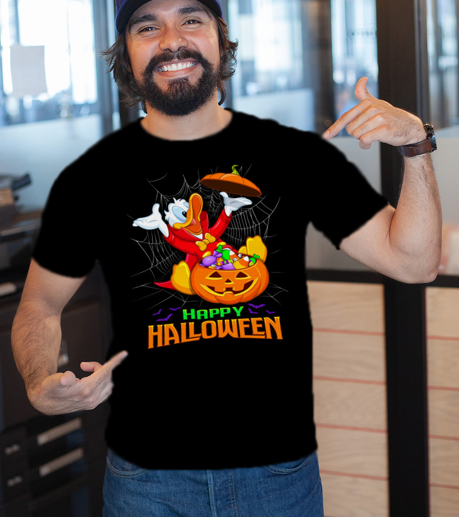 Happy Halloween Donald Duck In Pumpkin Suit With Candy And Spiderweb T-Shirt