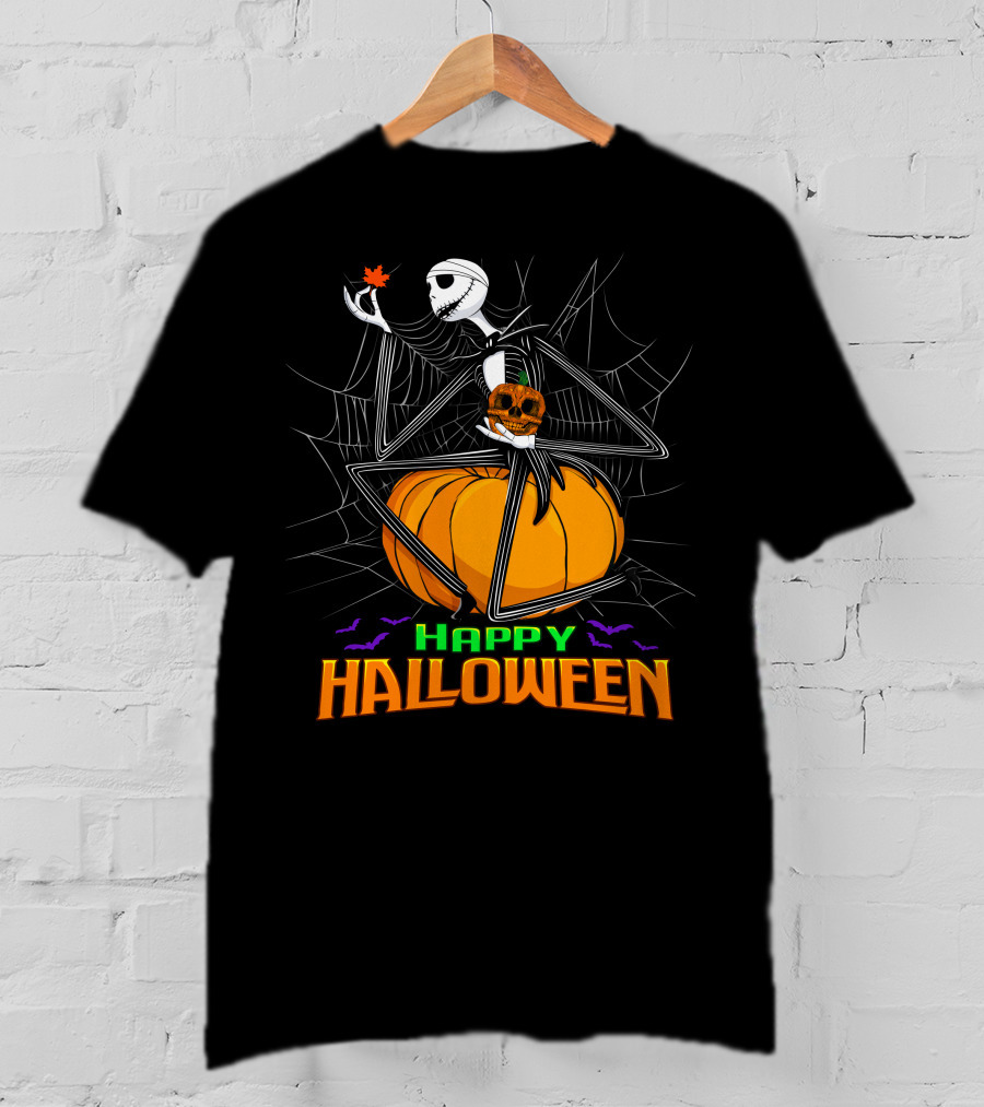 Happy Halloween Jack Skellington Pumpkin Bat Spiderweb T-Shirt