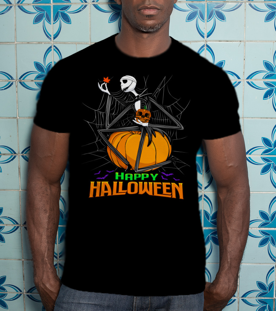 Happy Halloween Jack Skellington Pumpkin Bat Spiderweb T-Shirt