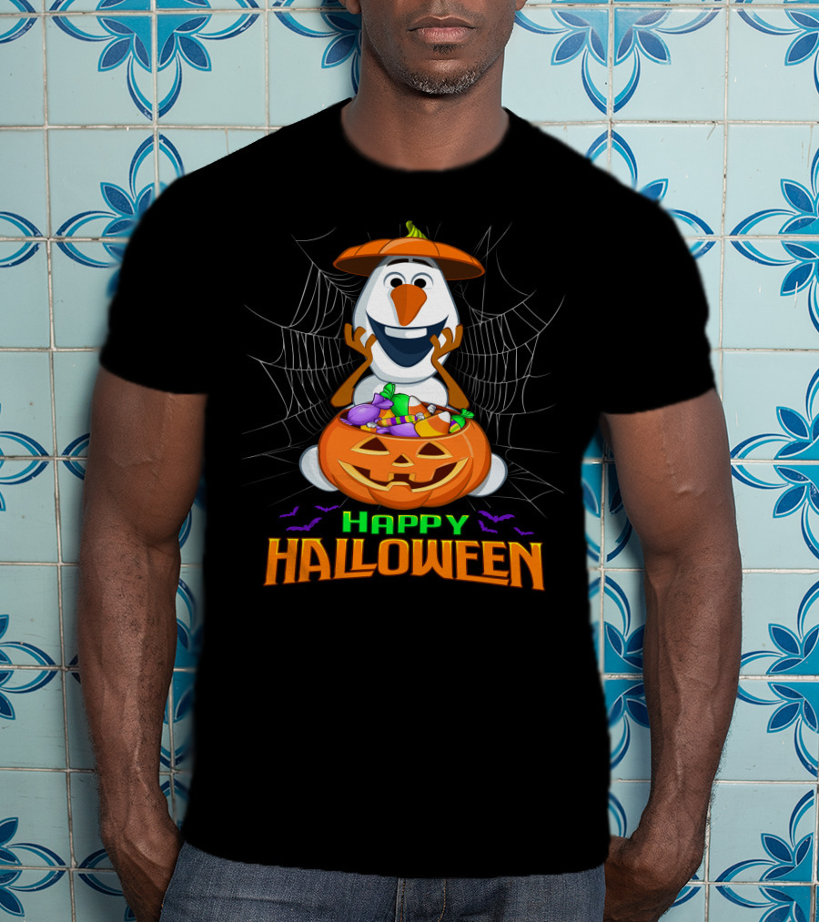 Olaf Happy Halloween With Pumpkin And Candy Basket T-Shirt