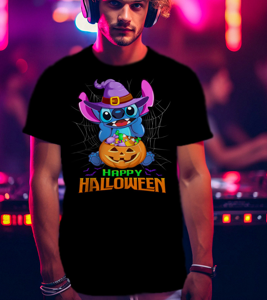 Happy Halloween Stitch Witch Costume Pumpkin Candy Basket T-Shirt