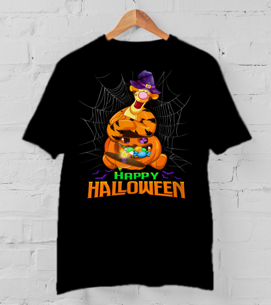 Happy Halloween Tigger Witch Pumpkin Candy Spiders T-Shirt