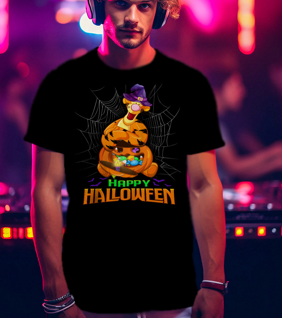 Happy Halloween Tigger Witch Pumpkin Candy Spiders T-Shirt