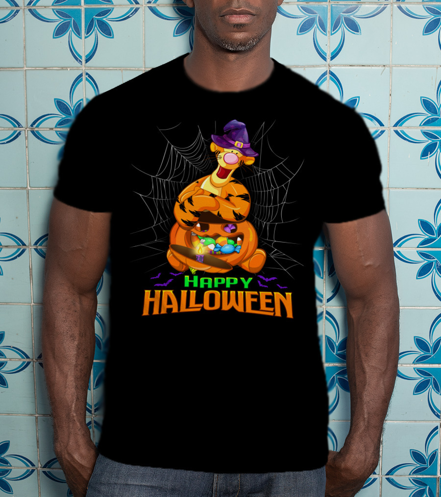 Happy Halloween Tigger Witch Pumpkin Candy Spiders T-Shirt