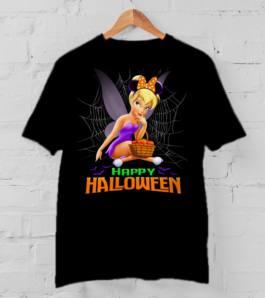 Tinker Bell Happy Halloween Pumpkin Basket With Bat Wings And Spiderweb T-Shirt