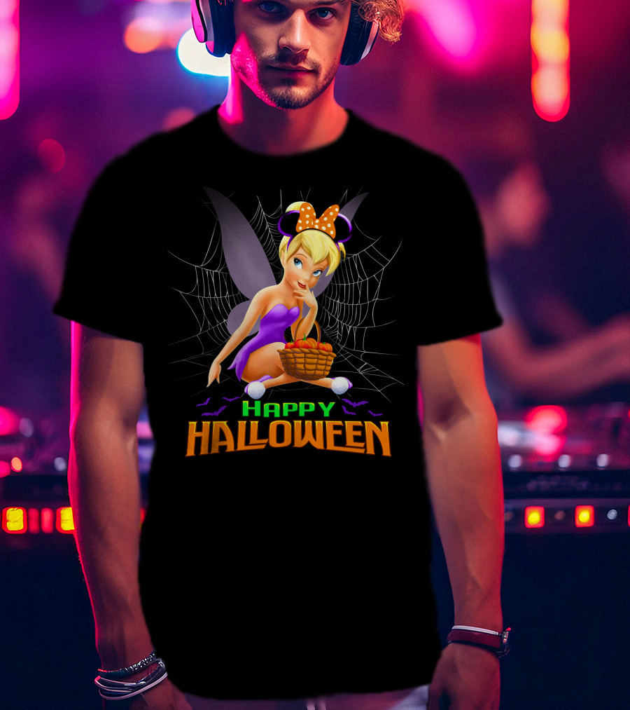 Tinker Bell Happy Halloween Pumpkin Basket With Bat Wings And Spiderweb T-Shirt