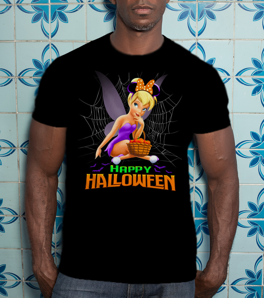 Tinker Bell Happy Halloween Pumpkin Basket With Bat Wings And Spiderweb T-Shirt