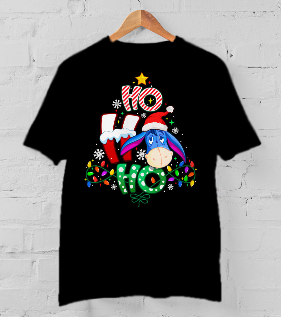 Ho Ho Ho Eeyore Christmas Lights Santa Hat Snowflakes T-Shirt