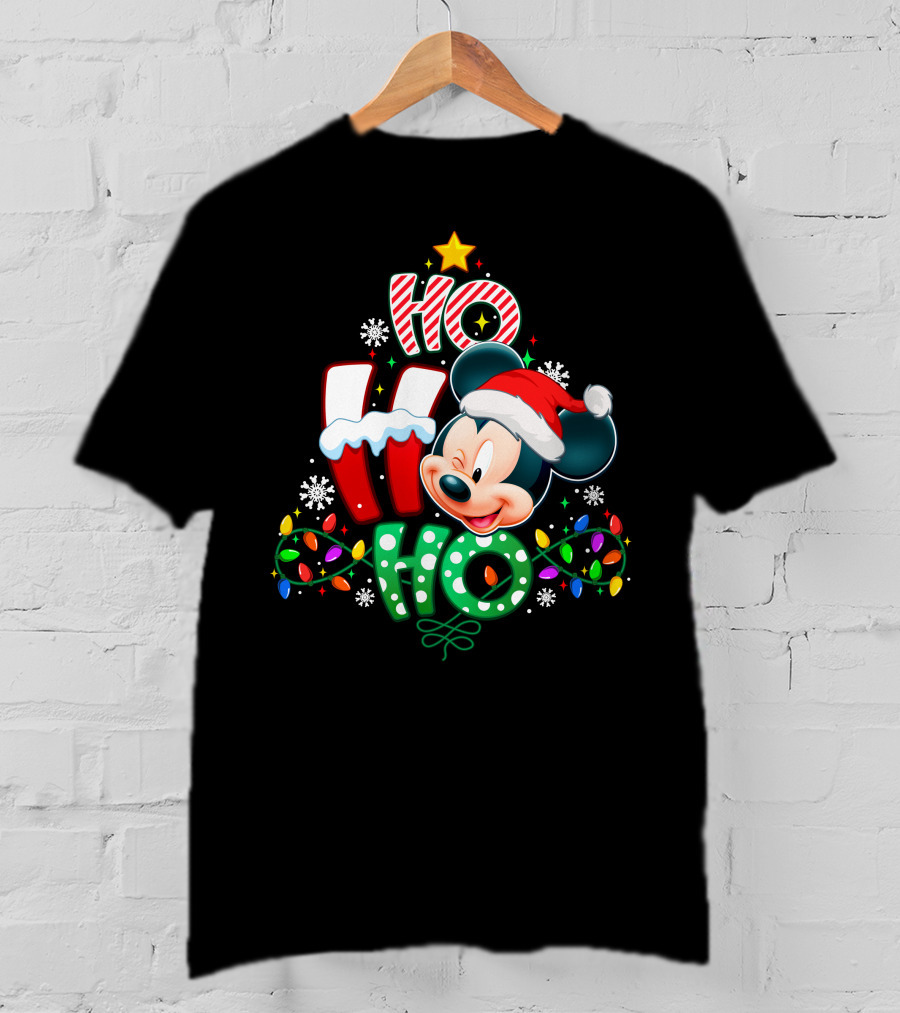 Mickey Ho Ho Ho Christmas Lights Snowflakes Santa Hat T-Shirt