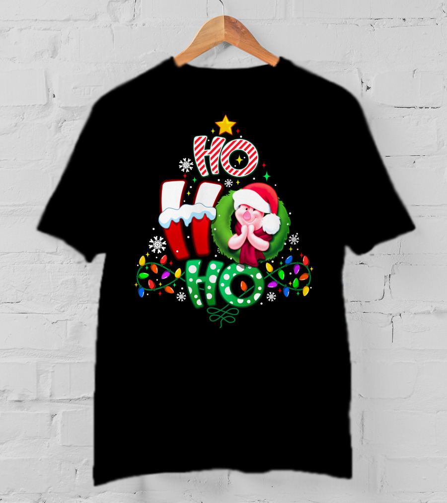 Ho Ho Ho Piglet Christmas Lights Snowflakes Santa Hat T-Shirt