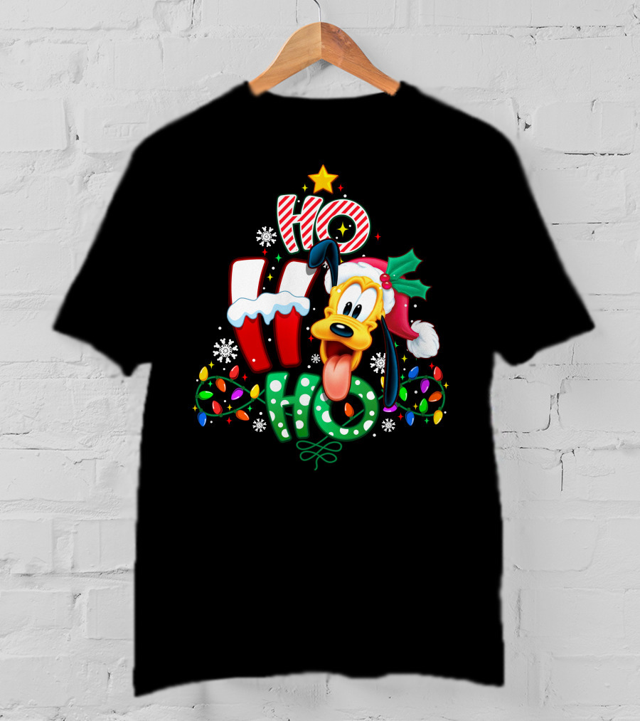 Ho Ho Ho Christmas Pluto Dog Lights Santa Hat T-Shirt