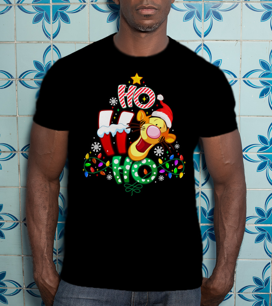Tigger Christmas Ho Ho Ho Santa Hat Lights Snowflakes T-Shirt