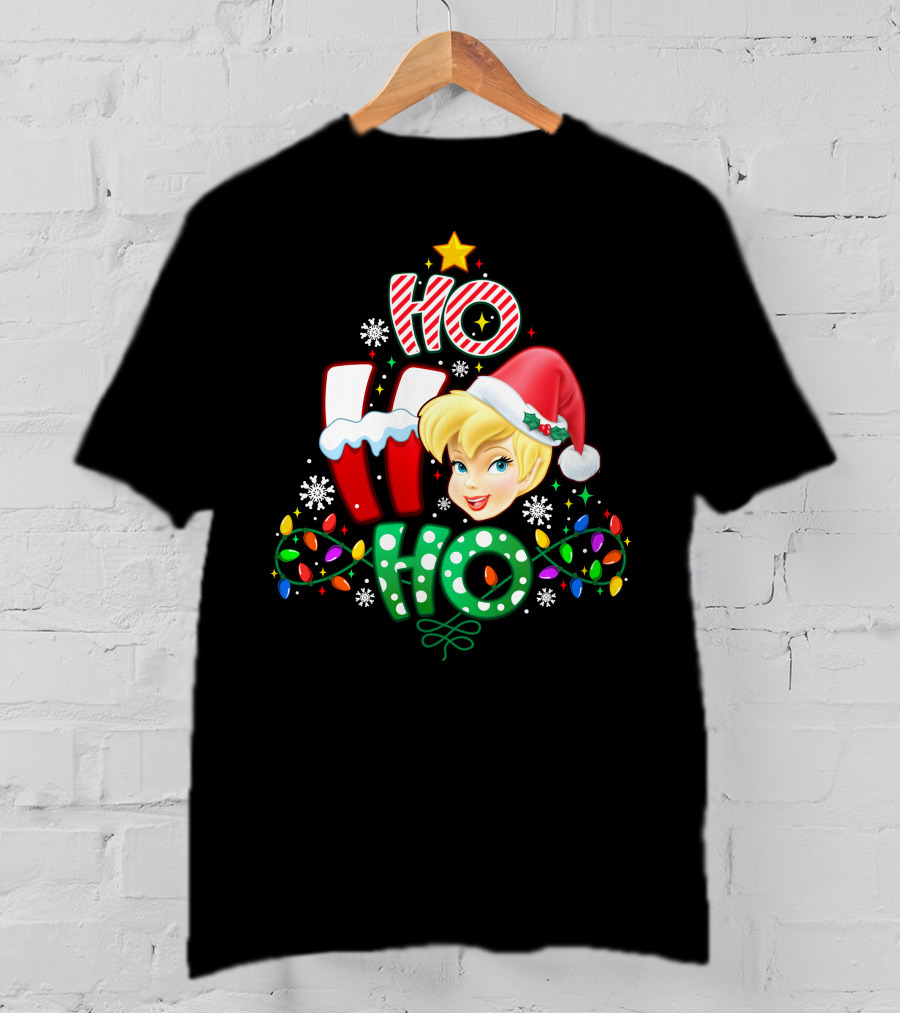 Ho Ho Ho Tinker Bell Christmas Lights Snowflakes Santa Hat T-Shirt