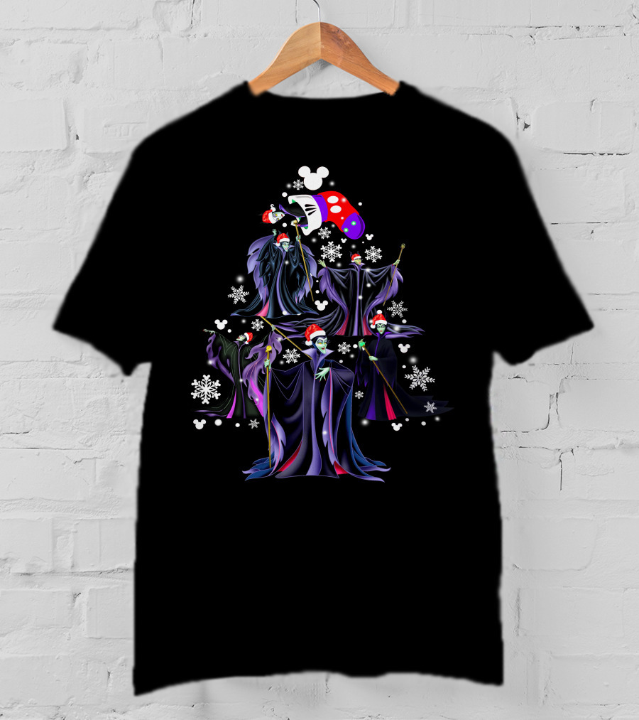 Maleficent Christmas Tree With Santa Hat And Mickey Mouse Snowflakes T-Shirt