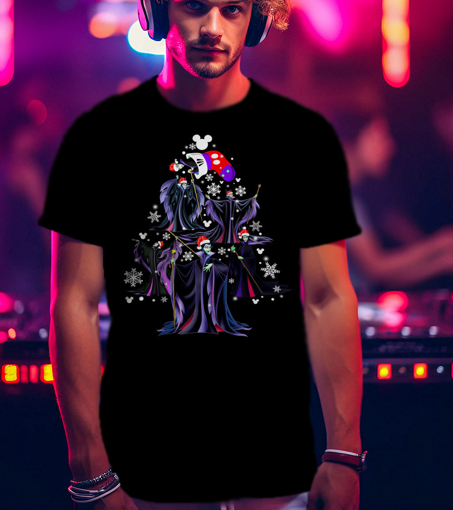 Maleficent Christmas Tree With Santa Hat And Mickey Mouse Snowflakes T-Shirt