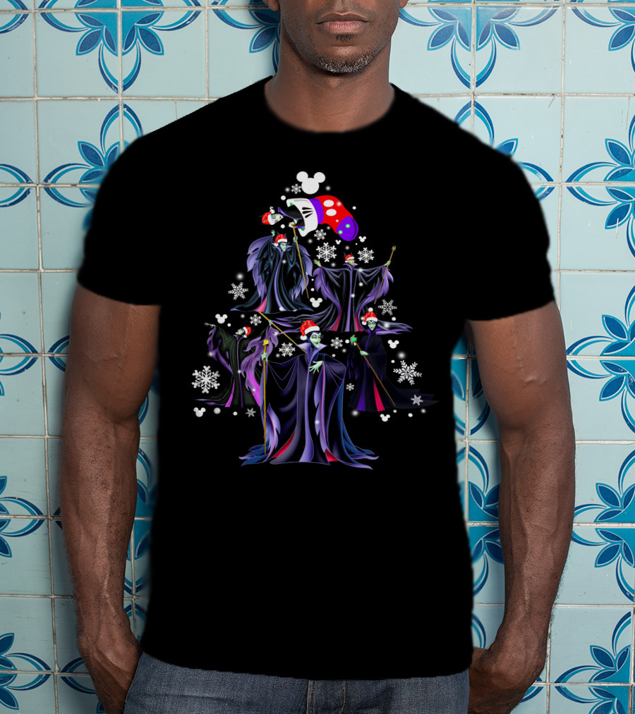 Maleficent Christmas Tree With Santa Hat And Mickey Mouse Snowflakes T-Shirt