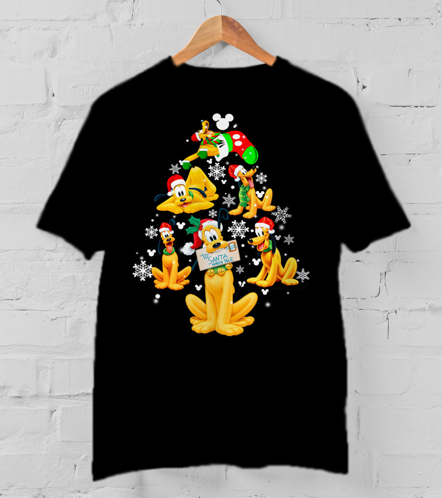 Pluto Christmas Tree Design With Santa Hat And Snowflakes T-Shirt