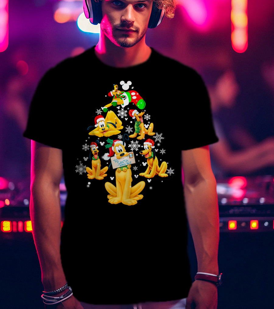 Pluto Christmas Tree Design With Santa Hat And Snowflakes T-Shirt