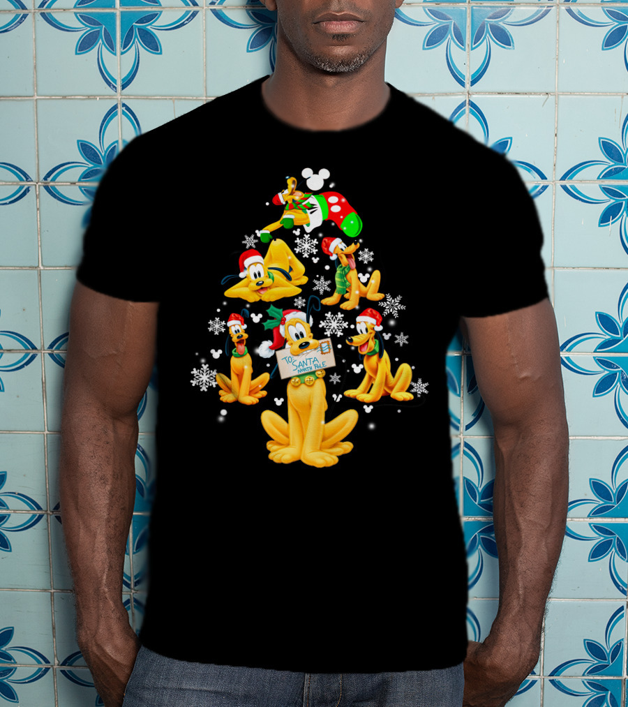 Pluto Christmas Tree Design With Santa Hat And Snowflakes T-Shirt