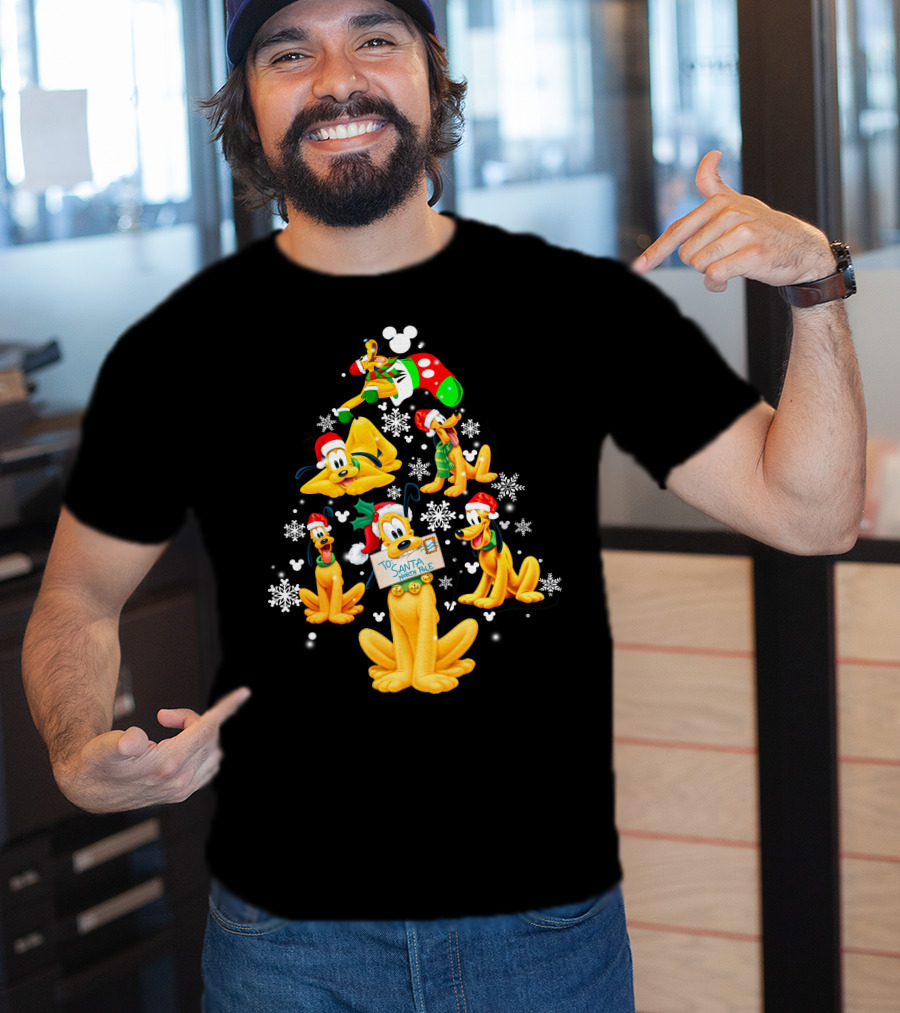 Pluto Christmas Tree Design With Santa Hat And Snowflakes T-Shirt
