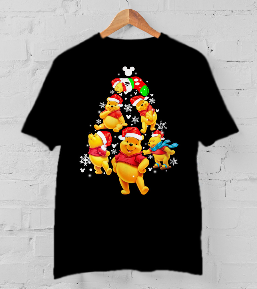 Disney Winnie The Pooh Christmas Santa Hat Festive Holiday Snowflakes T-Shirt