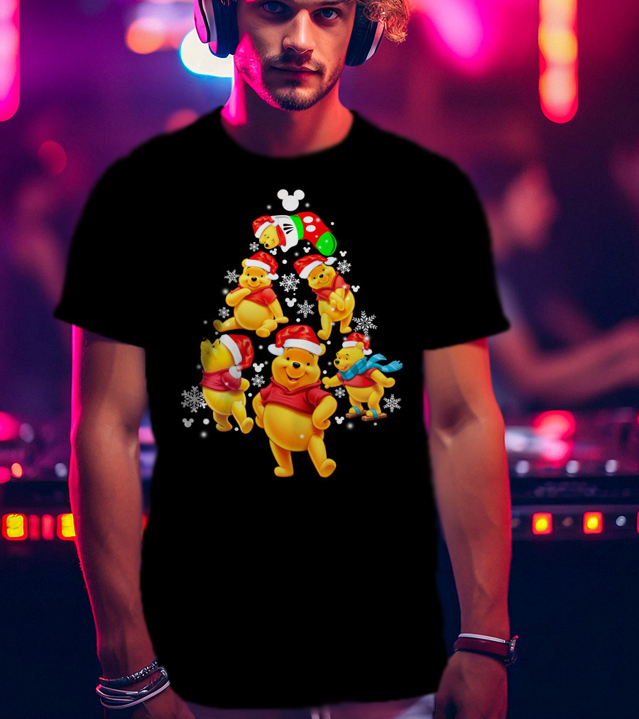 Disney Winnie The Pooh Christmas Santa Hat Festive Holiday Snowflakes T-Shirt