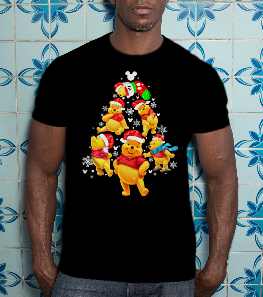 Disney Winnie The Pooh Christmas Santa Hat Festive Holiday Snowflakes T-Shirt