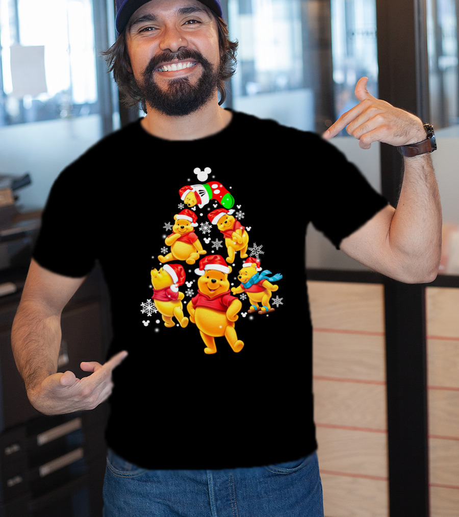 Disney Winnie The Pooh Christmas Santa Hat Festive Holiday Snowflakes T-Shirt