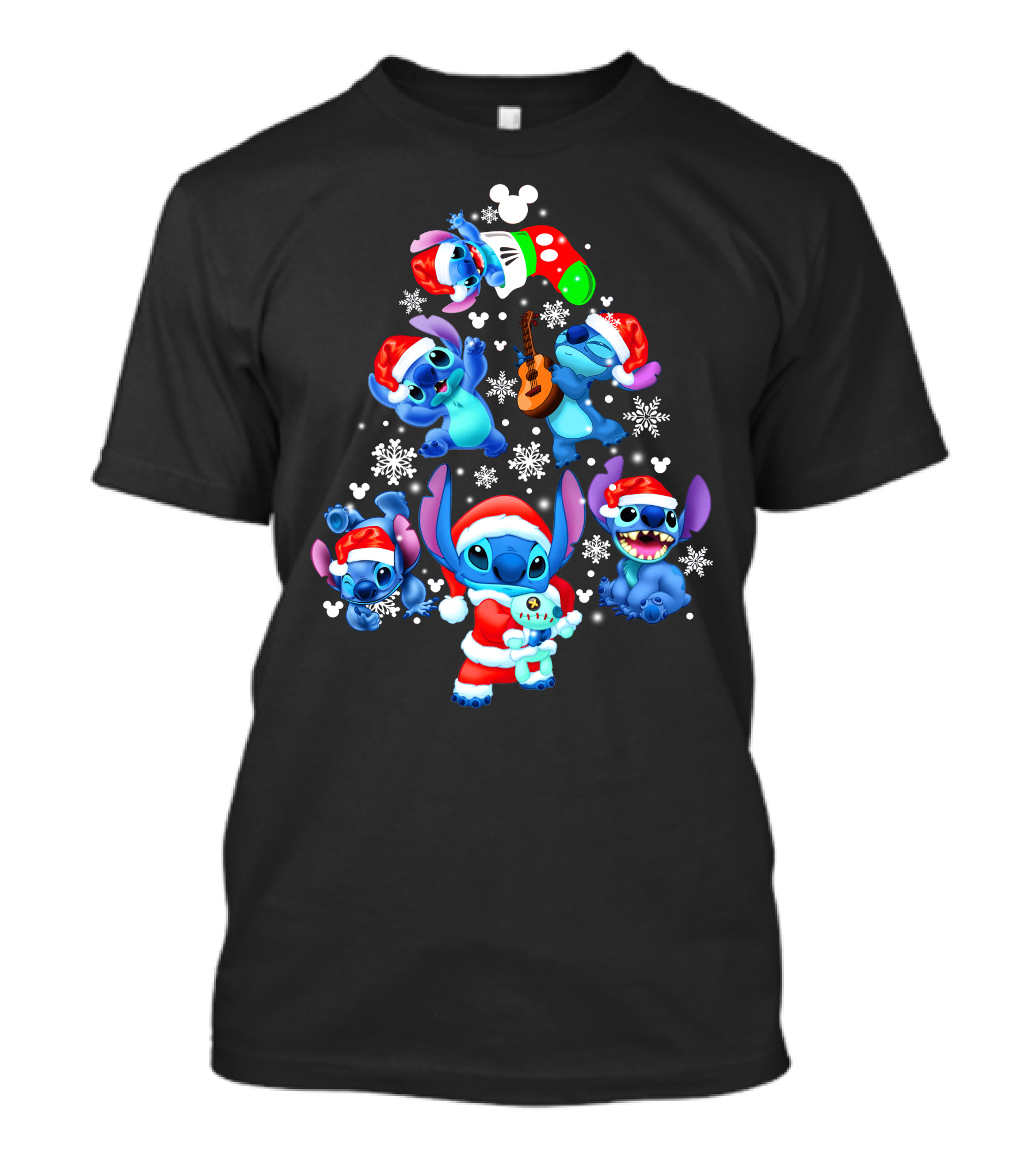Stitch Christmas Tree With Snowflakes And Santa Hat Holiday T-Shirt
