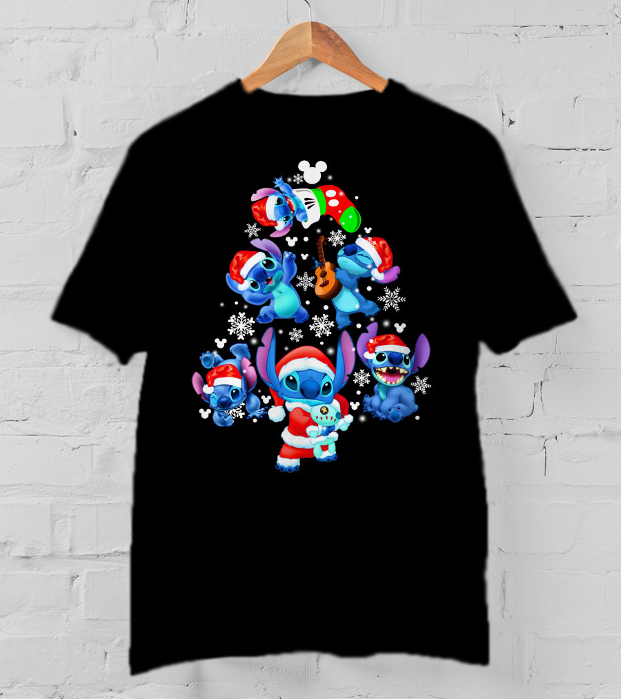 Stitch Christmas Tree With Snowflakes And Santa Hat Holiday T-Shirt