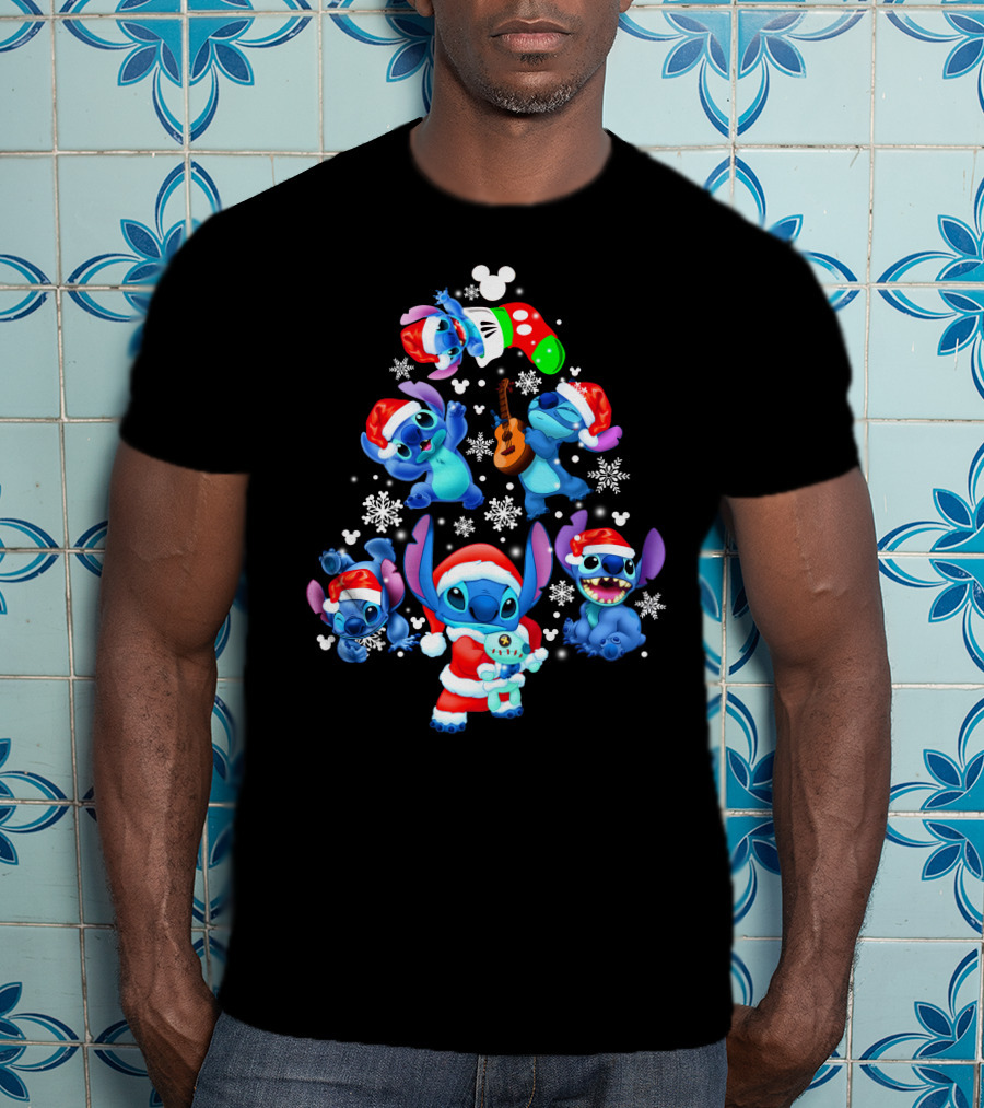 Stitch Christmas Tree With Snowflakes And Santa Hat Holiday T-Shirt