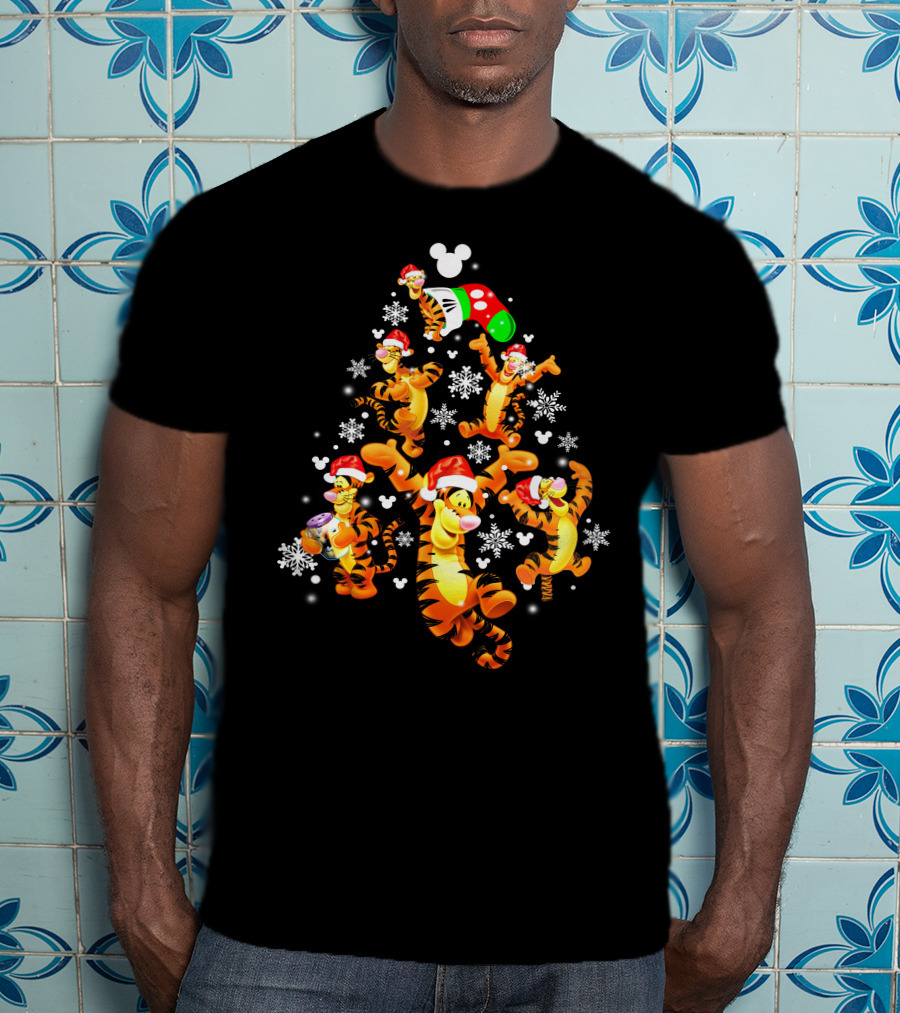 Tigger Christmas Santa Hat Snowflakes Mickey Ears T-Shirt