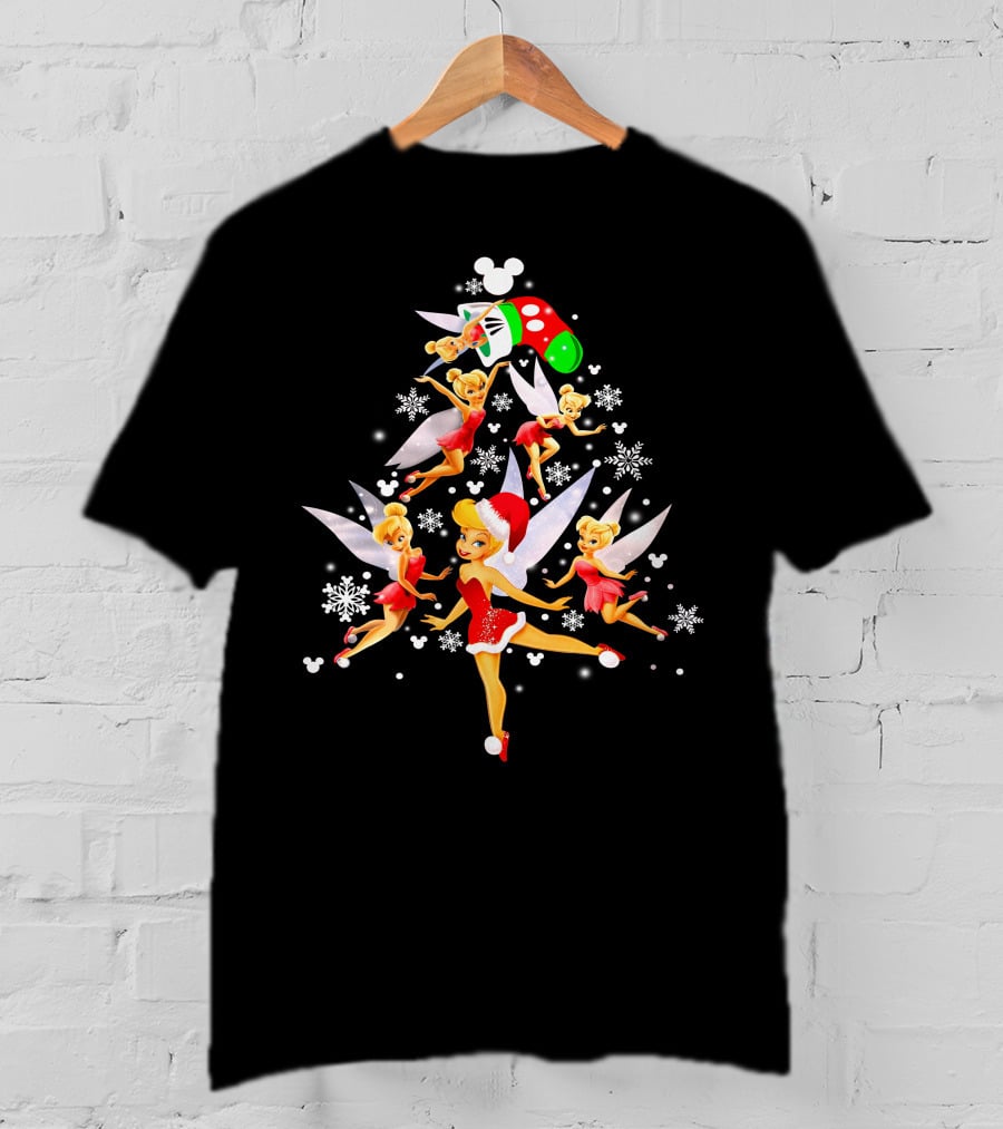 Tinker Bell Christmas Tree With Mickey Santa Hat And Snowflakes T-Shirt