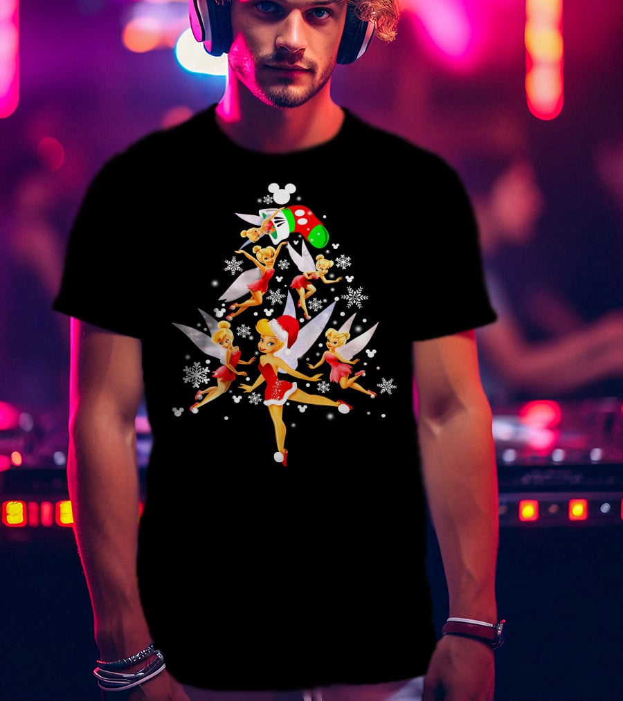 Tinker Bell Christmas Tree With Mickey Santa Hat And Snowflakes T-Shirt