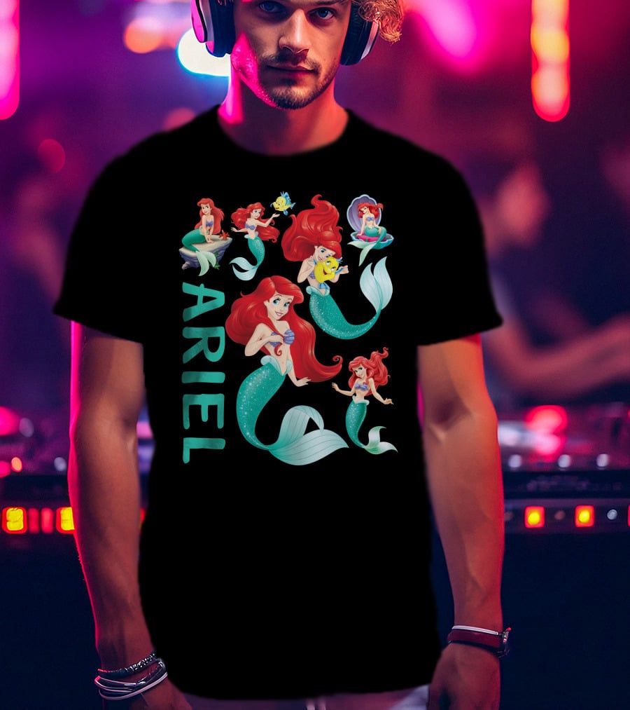Ariel Little Mermaid With Flounder And Seashell Poses T-Shirt