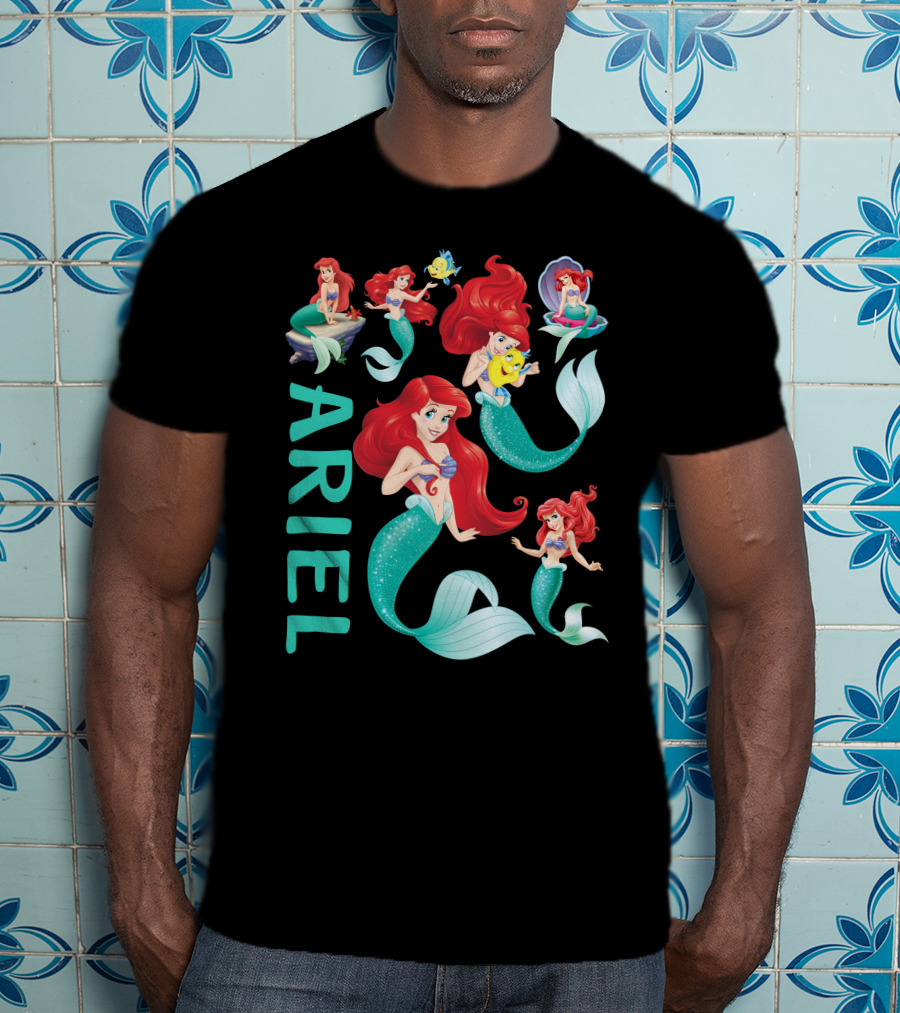 Ariel Little Mermaid With Flounder And Seashell Poses T-Shirt