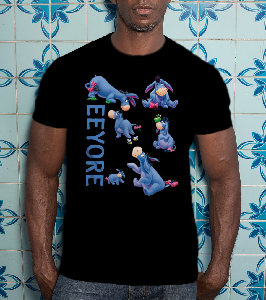 Eeyore Character Illustrations With Text On Black T-Shirt