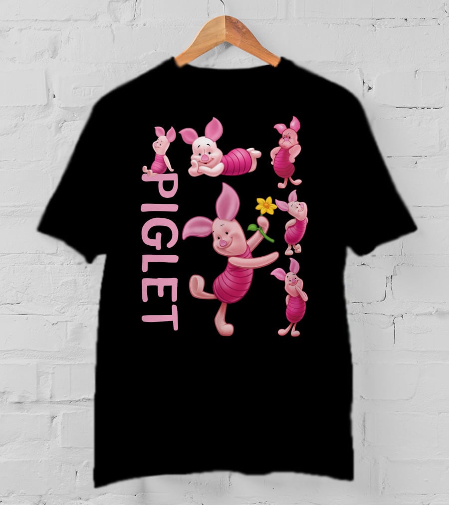 Piglet Playful Poses Cute Character With Flower T-Shirt