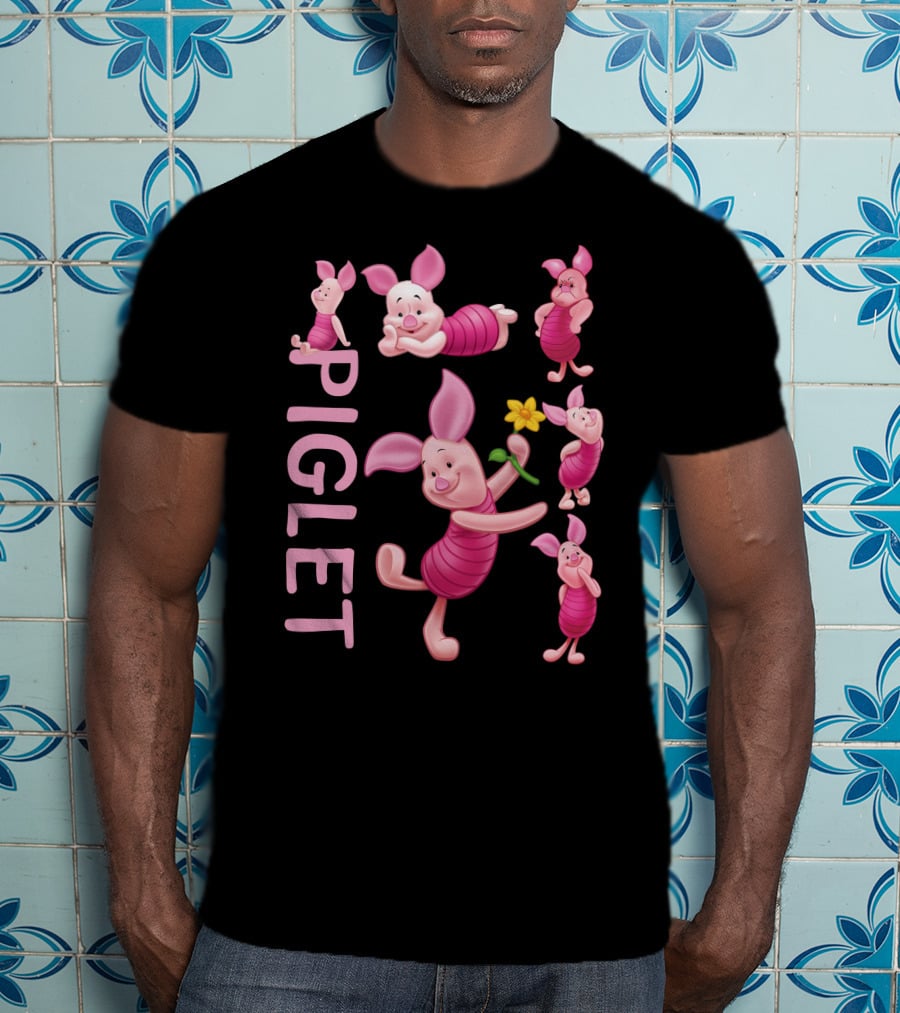 Piglet Playful Poses Cute Character With Flower T-Shirt